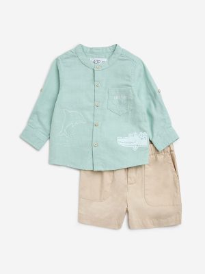 HOP Baby Green Printed Cotton Shirt with Shorts Set