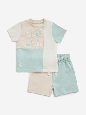 HOP Baby Sage Colour-Blocked Cotton T-Shirt with Shorts Set