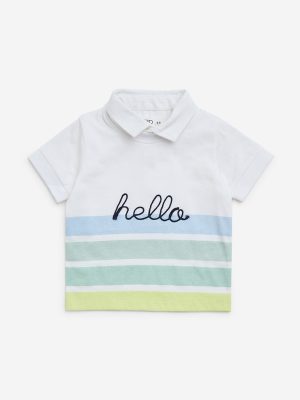 HOP Baby White Stripe Printed Cotton T-Shirt