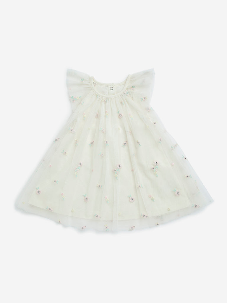 HOP Baby White Floral Embroidered Cotton A-Line Dress