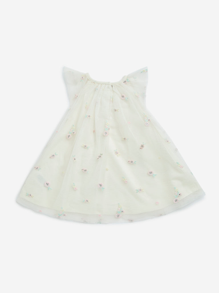 HOP Baby White Floral Embroidered Cotton A-Line Dress - Image 2
