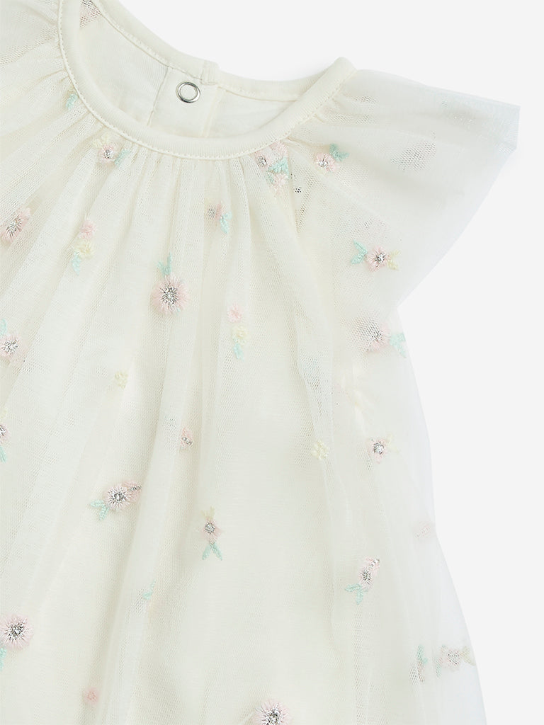 HOP Baby White Floral Embroidered Cotton A-Line Dress - Image 3