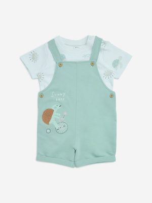 HOP Baby Sage Tortoise Print Cotton Dungaree with T-Shirt Set