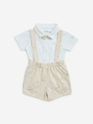 HOP Baby Beige Cotton Shirt. Shorts. Suspenders and Bow Set