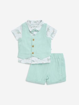 HOP Baby Sage Cotton Waistcoat. Shirt. Shorts and Bow Set