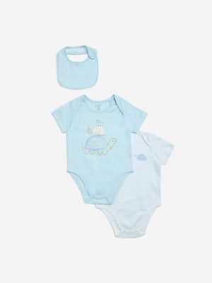 HOP Baby Light Blue Cotton Rompers with Bib - Pack of 2
