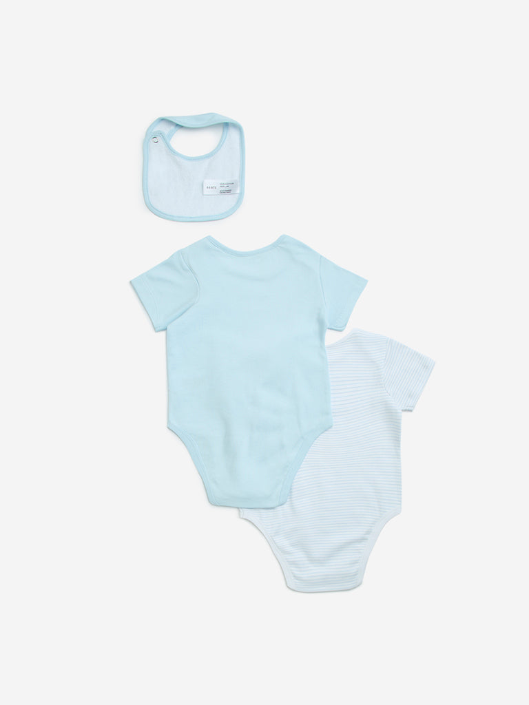 HOP Baby Light Blue Cotton Rompers with Bib - Pack of 2 - Image 2