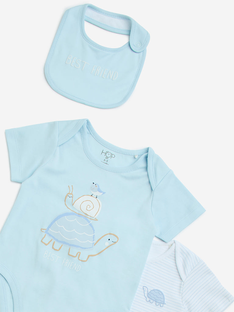 HOP Baby Light Blue Cotton Rompers with Bib - Pack of 2 - Image 3