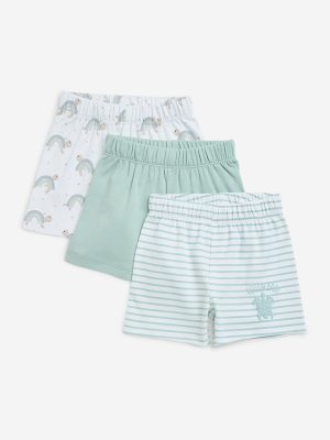 HOP Baby Sage Printed Mid-Rise Cotton Shorts - Pack of 3