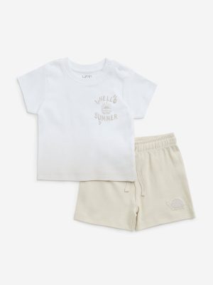 HOP Baby Beige Text Printed Cotton T-Shirt & Shorts Set