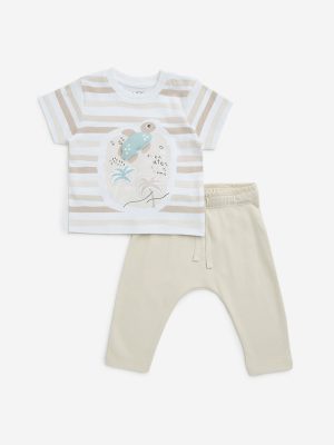 HOP Baby Beige Striped Cotton T-Shirt & Pants Set