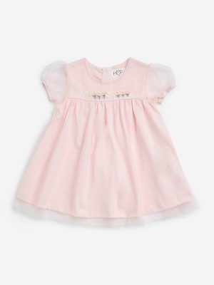 HOP Baby Pink Floral Embroidered Cotton A-Line Dress