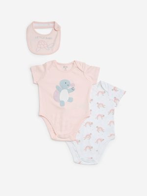 HOP Baby Light Pink Cotton Rompers with Bib - Pack of 2