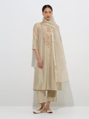Vark Beige Cotton-Blend Kurta. Palazzos and Dupatta Set