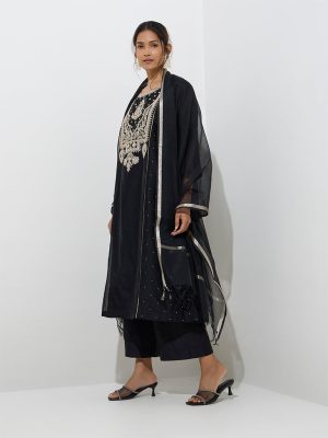 Vark Black Embroidered Cotton-Blend A-Line Kurta. Pants and Dupatta Set