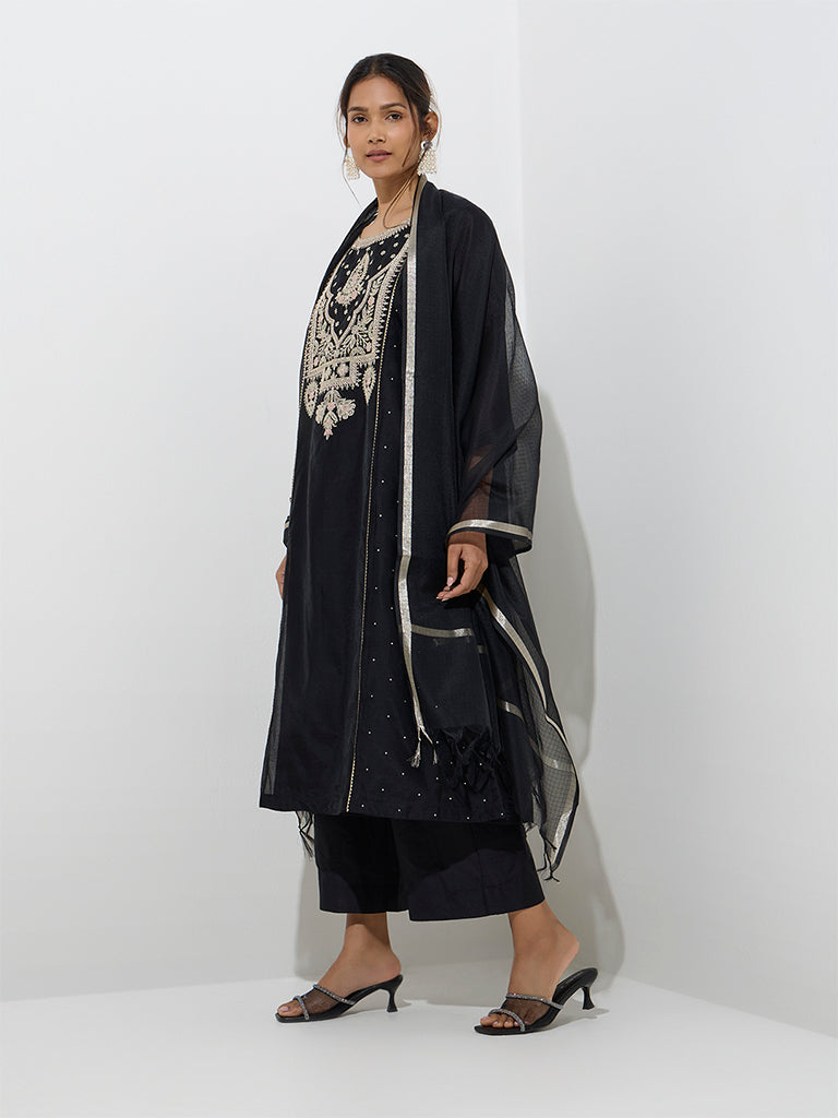 Vark Black Embroidered Cotton-Blend A-Line Kurta. Pants and Dupatta Set