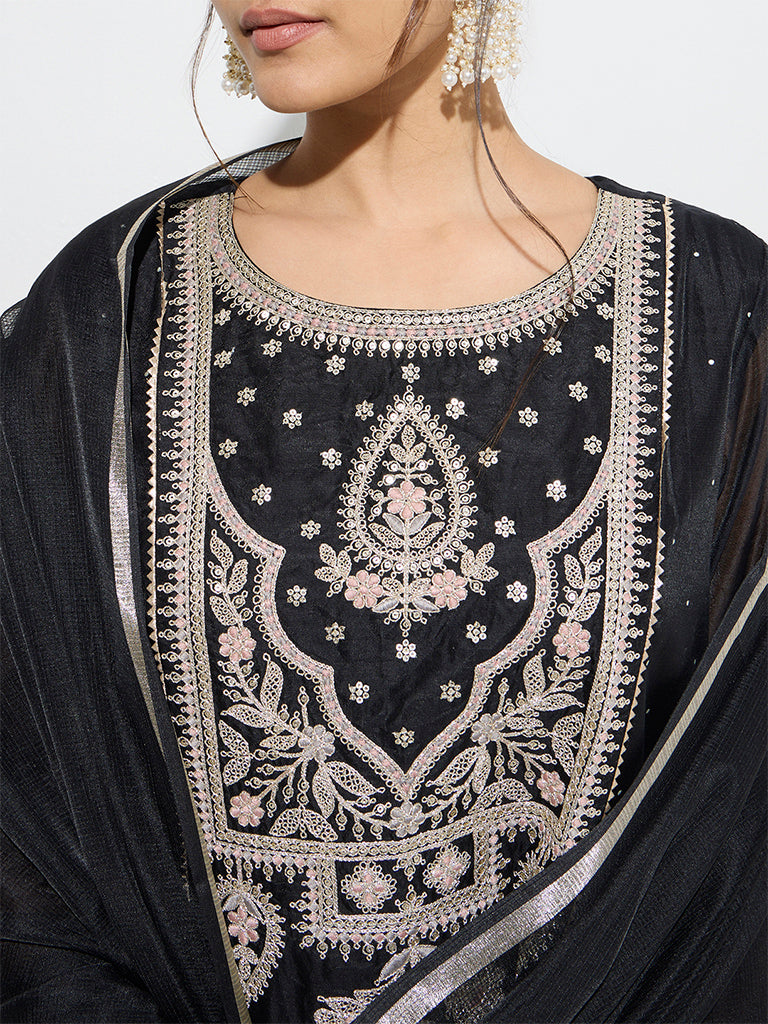Vark Black Embroidered Cotton-Blend A-Line Kurta. Pants and Dupatta Set - Image 2