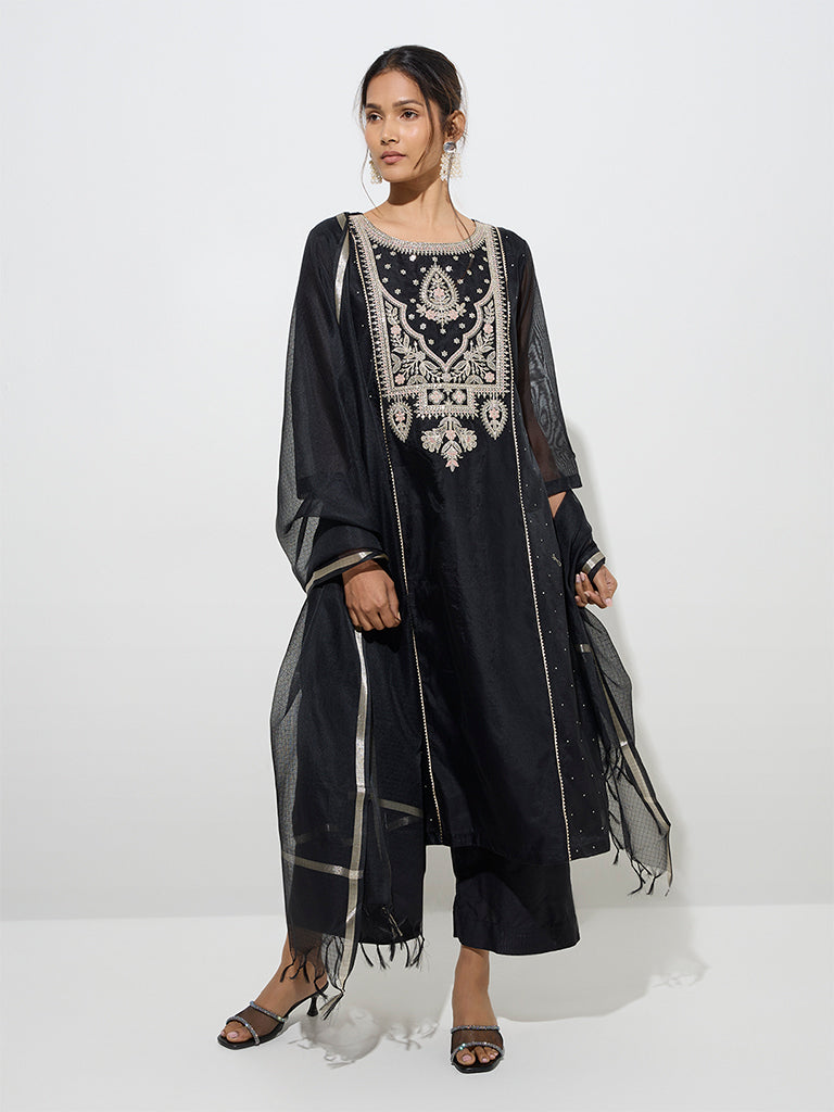 Vark Black Embroidered Cotton-Blend A-Line Kurta. Pants and Dupatta Set - Image 3