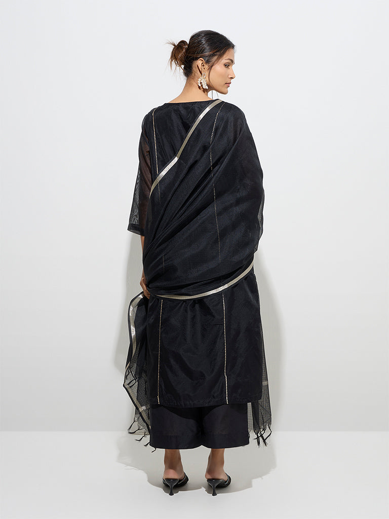 Vark Black Embroidered Cotton-Blend A-Line Kurta. Pants and Dupatta Set - Image 4