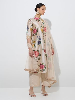 Vark Beige Floral Kurta. Ethnic Pants. and Dupatta SetÂ
