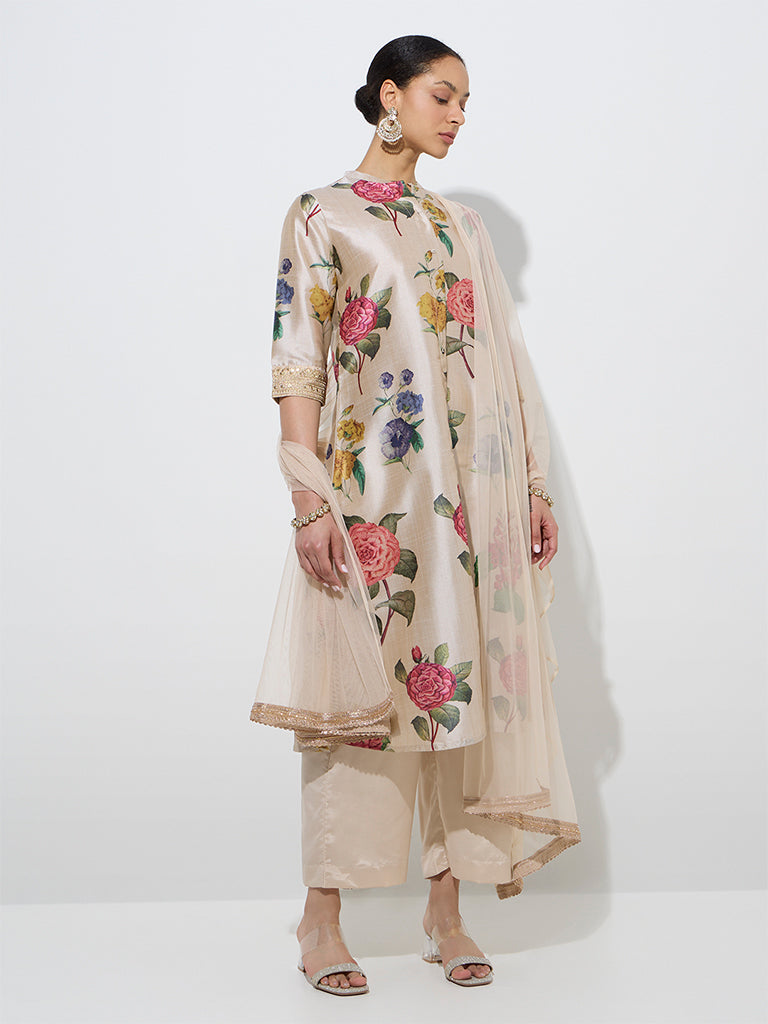 Vark Beige Floral Kurta. Ethnic Pants. and Dupatta Set