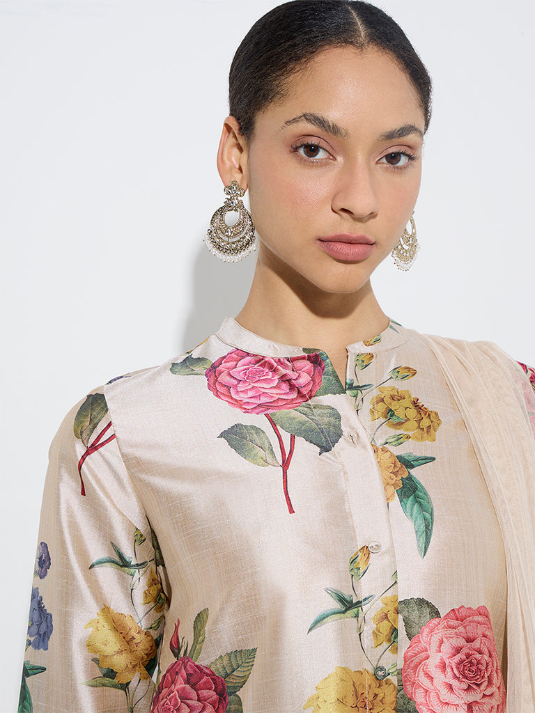 Vark Beige Floral Kurta. Ethnic Pants. and Dupatta Set - Image 2