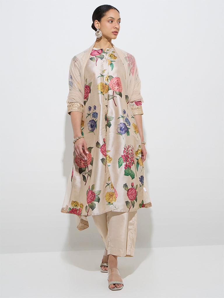 Vark Beige Floral Kurta. Ethnic Pants. and Dupatta Set - Image 3