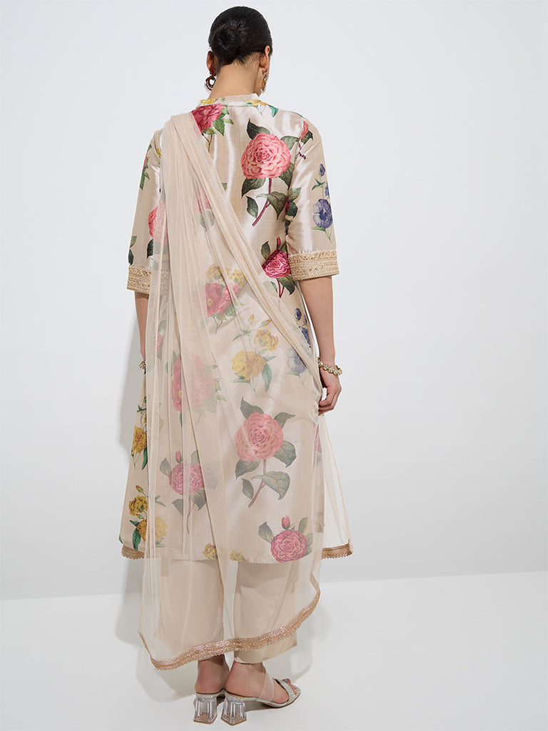 Vark Beige Floral Kurta. Ethnic Pants. and Dupatta Set - Image 4