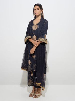 Vark Black A-Line Kurta. Palazzos and Dupatta Set