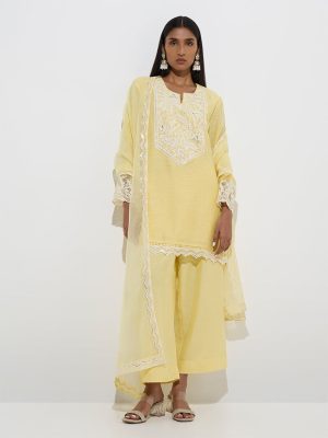 Vark Yellow Straight Kurti. Palazzos and Dupatta Set