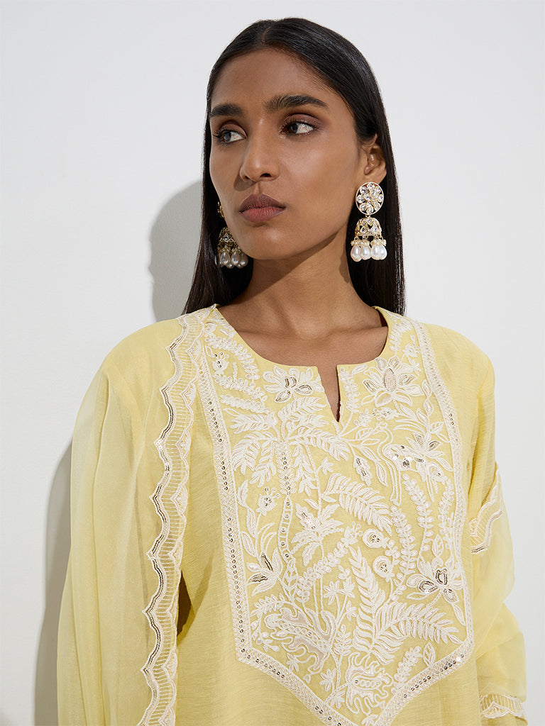 Vark Yellow Straight Kurti. Palazzos and Dupatta Set - Image 2