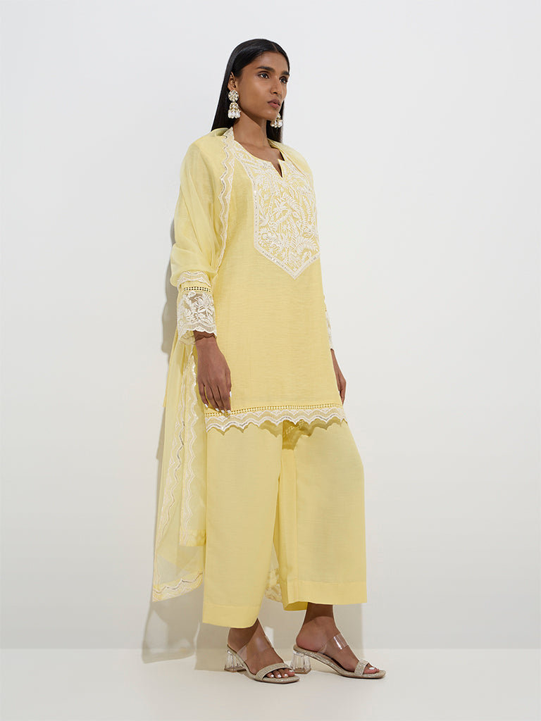 Vark Yellow Straight Kurti. Palazzos and Dupatta Set - Image 3
