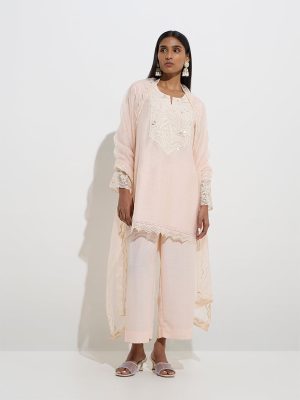 Vark Light Pink Straight Kurti. Palazzos and Dupatta Set