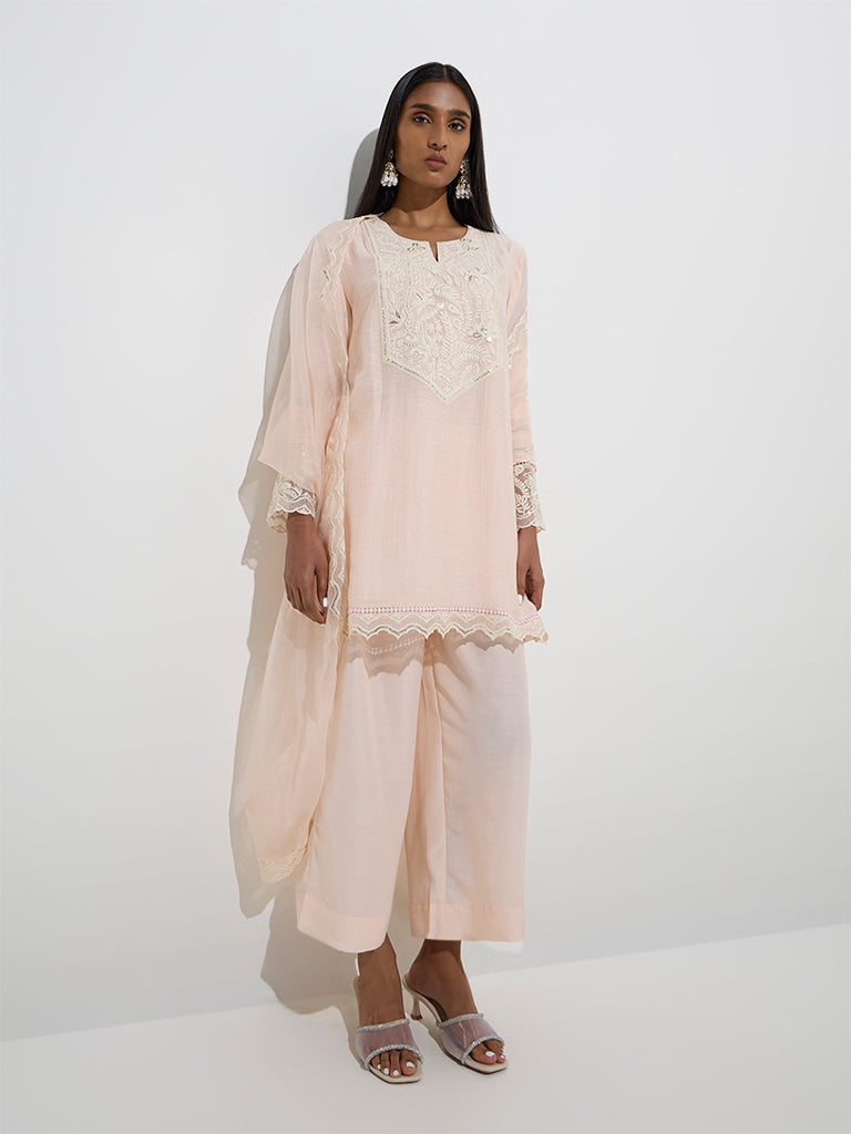 Vark Light Pink Straight Kurti. Palazzos and Dupatta Set - Image 2