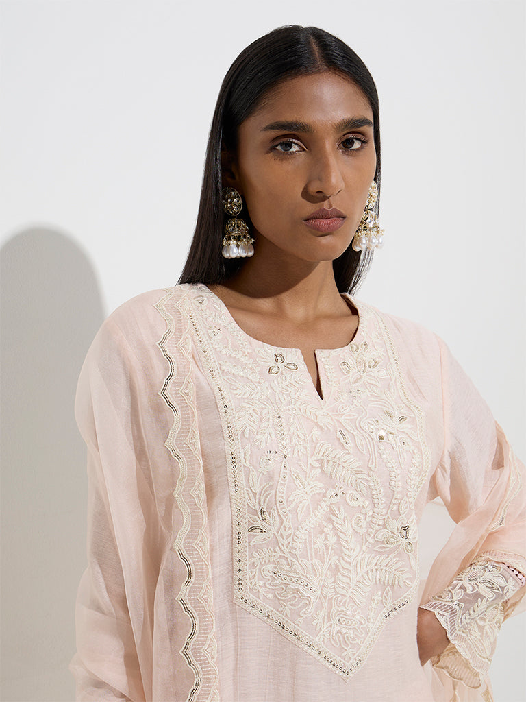 Vark Light Pink Straight Kurti. Palazzos and Dupatta Set - Image 3