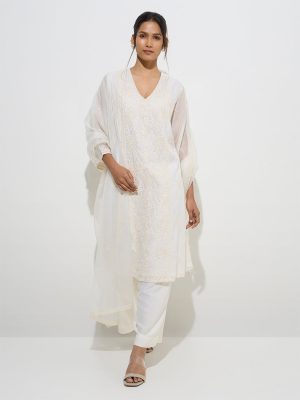 Vark Ivory Cotton-Blend Kurta. Palazzos and Dupatta Set