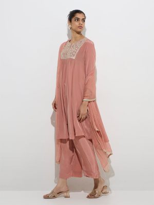 Vark Dusty Peach A-Line Kurta. Palazzos and Dupatta Set