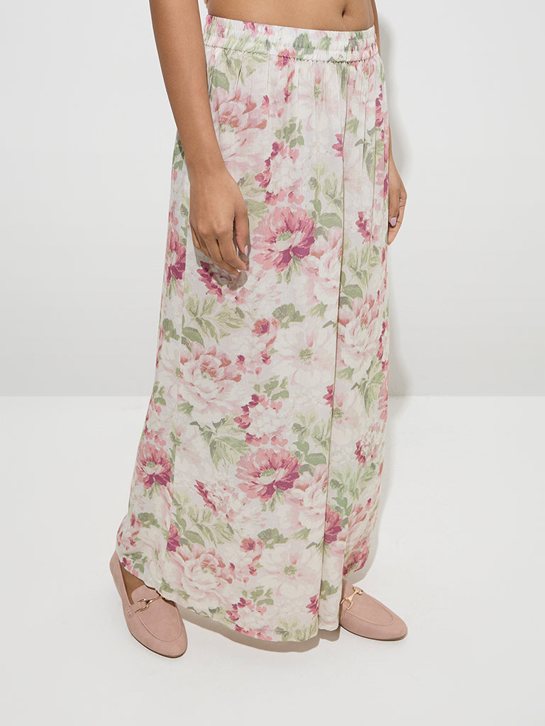 Zuba Pink Floral Pattern Mid-Rise Palazzos