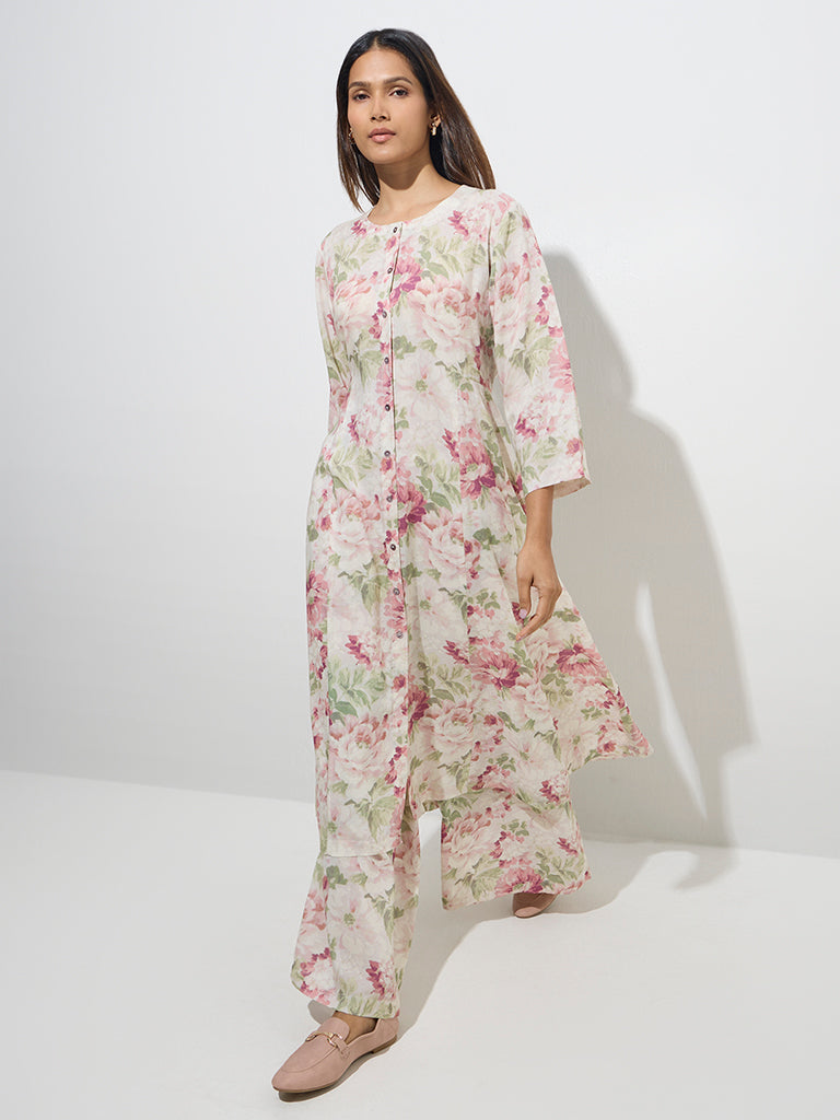 Zuba Pink Floral Pattern Mid-Rise Palazzos - Image 3