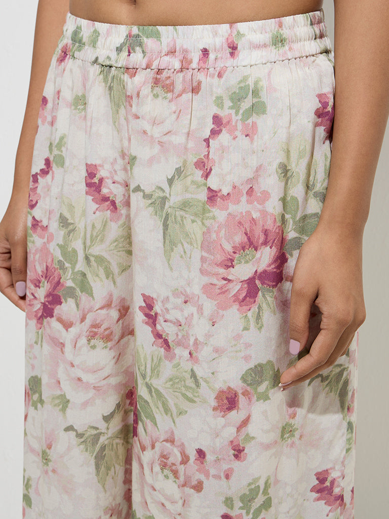 Zuba Pink Floral Pattern Mid-Rise Palazzos - Image 4
