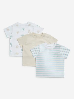 HOP Baby White Printed Cotton T-Shirts - Pack of 3