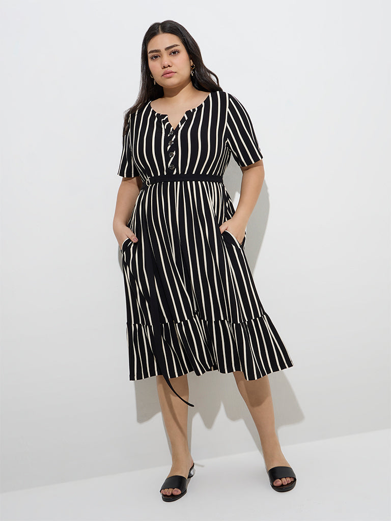 Gia Black Stripe Printed A-Line Dress