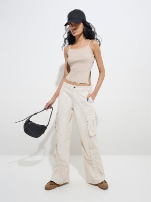 Nuon Beige Cargo-Style Relaxed-Fit Mid-Rise Jeans