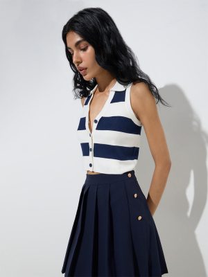 Nuon Navy Striped Ribbed Top