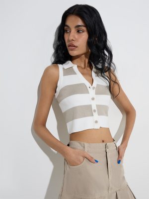 Nuon Beige Striped Ribbed Top