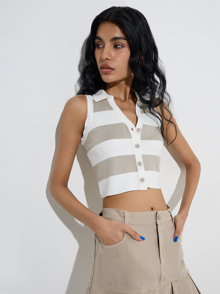 Nuon Beige Striped Ribbed Top