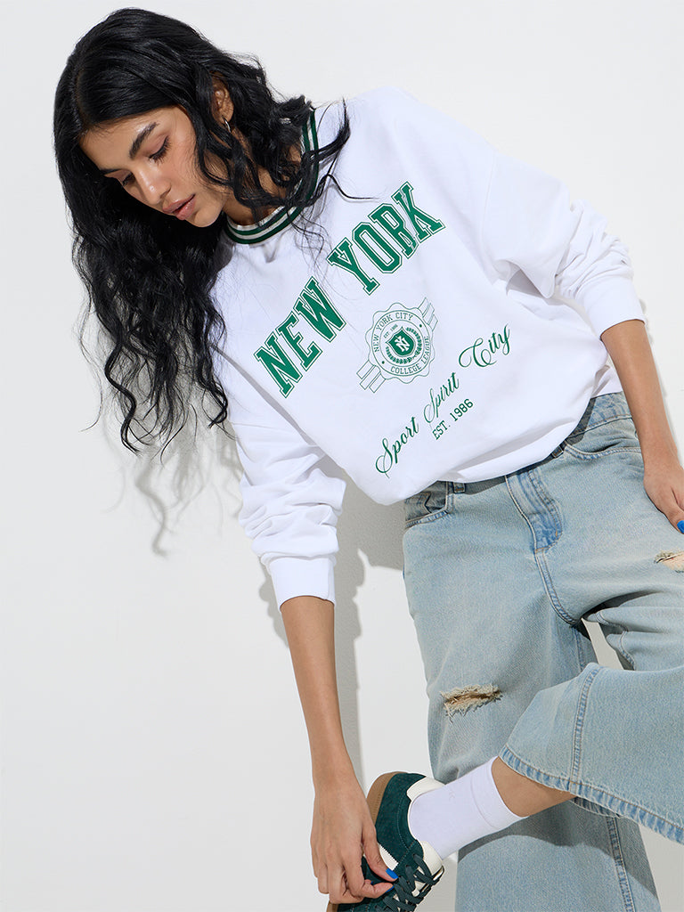 Nuon White Text-Printed Cotton Sweatshirt