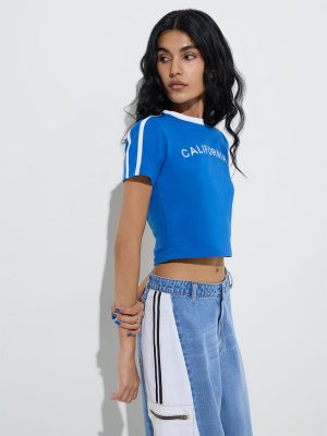 Nuon Blue Text Printed Cotton T-Shirt