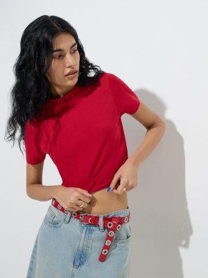 Nuon Red Solid Cotton-Blend T-Shirt