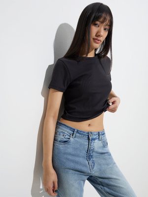 Nuon Black Ribbed-Textured T-Shirt